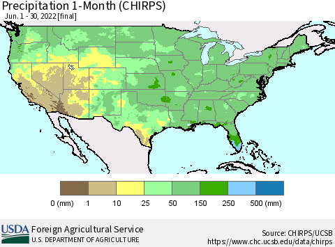 United States Precipitation 1-Month (CHIRPS) Thematic Map For 6/1/2022 - 6/30/2022