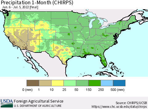 United States Precipitation 1-Month (CHIRPS) Thematic Map For 6/6/2022 - 7/5/2022