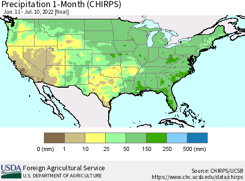 United States Precipitation 1-Month (CHIRPS) Thematic Map For 6/11/2022 - 7/10/2022