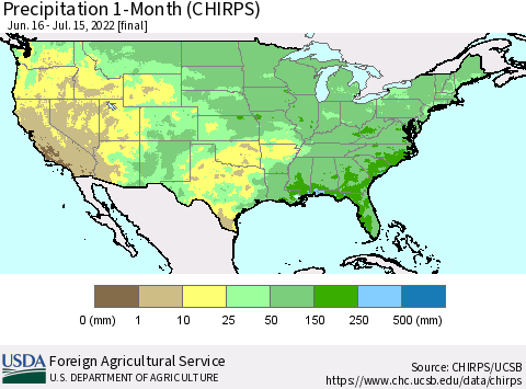 United States Precipitation 1-Month (CHIRPS) Thematic Map For 6/16/2022 - 7/15/2022