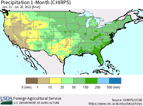 United States Precipitation 1-Month (CHIRPS) Thematic Map For 6/21/2022 - 7/20/2022