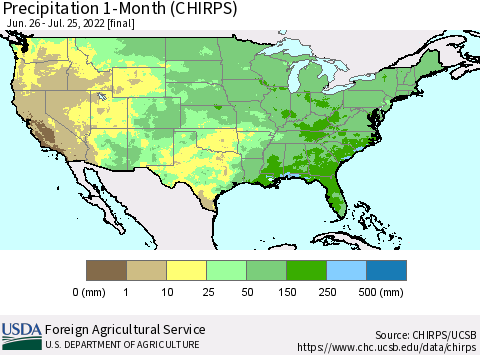 United States Precipitation 1-Month (CHIRPS) Thematic Map For 6/26/2022 - 7/25/2022