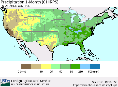 United States Precipitation 1-Month (CHIRPS) Thematic Map For 7/6/2022 - 8/5/2022
