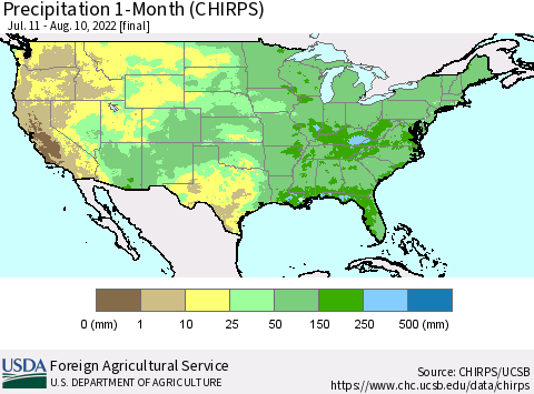 United States Precipitation 1-Month (CHIRPS) Thematic Map For 7/11/2022 - 8/10/2022