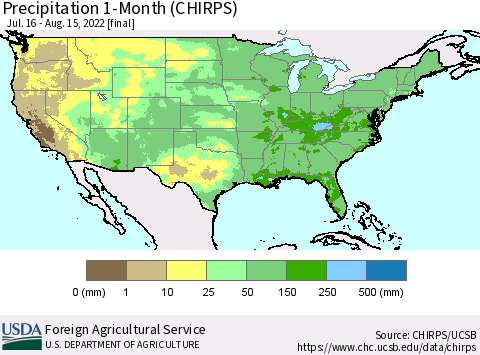 United States Precipitation 1-Month (CHIRPS) Thematic Map For 7/16/2022 - 8/15/2022
