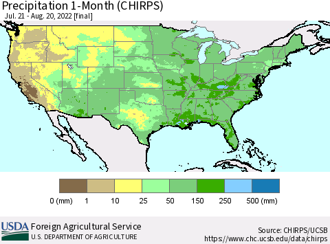 United States Precipitation 1-Month (CHIRPS) Thematic Map For 7/21/2022 - 8/20/2022
