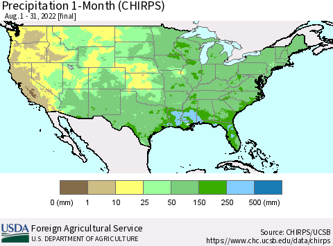 United States Precipitation 1-Month (CHIRPS) Thematic Map For 8/1/2022 - 8/31/2022