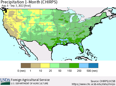 United States Precipitation 1-Month (CHIRPS) Thematic Map For 8/6/2022 - 9/5/2022