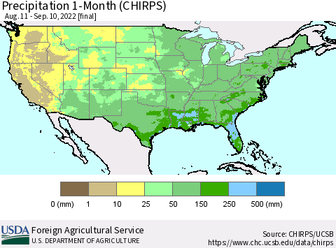 United States Precipitation 1-Month (CHIRPS) Thematic Map For 8/11/2022 - 9/10/2022