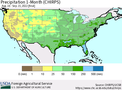 United States Precipitation 1-Month (CHIRPS) Thematic Map For 8/16/2022 - 9/15/2022