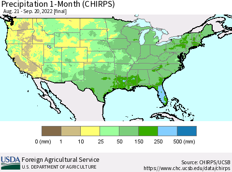 United States Precipitation 1-Month (CHIRPS) Thematic Map For 8/21/2022 - 9/20/2022