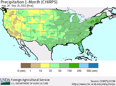 United States Precipitation 1-Month (CHIRPS) Thematic Map For 8/26/2022 - 9/25/2022