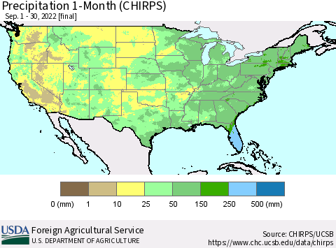 United States Precipitation 1-Month (CHIRPS) Thematic Map For 9/1/2022 - 9/30/2022