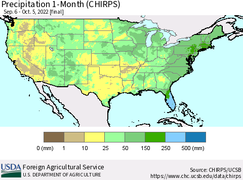 United States Precipitation 1-Month (CHIRPS) Thematic Map For 9/6/2022 - 10/5/2022