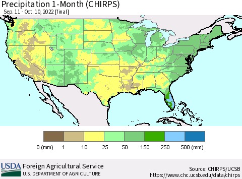 United States Precipitation 1-Month (CHIRPS) Thematic Map For 9/11/2022 - 10/10/2022