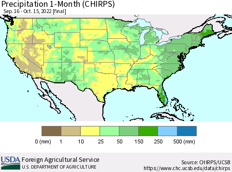 United States Precipitation 1-Month (CHIRPS) Thematic Map For 9/16/2022 - 10/15/2022