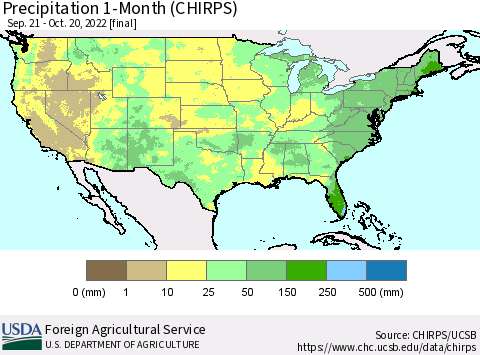 United States Precipitation 1-Month (CHIRPS) Thematic Map For 9/21/2022 - 10/20/2022