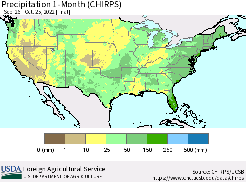 United States Precipitation 1-Month (CHIRPS) Thematic Map For 9/26/2022 - 10/25/2022
