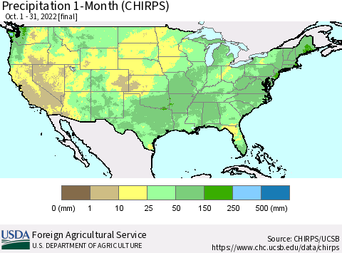 United States Precipitation 1-Month (CHIRPS) Thematic Map For 10/1/2022 - 10/31/2022