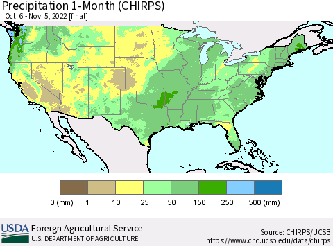 United States Precipitation 1-Month (CHIRPS) Thematic Map For 10/6/2022 - 11/5/2022