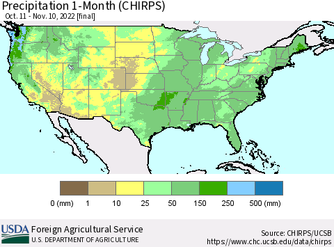 United States Precipitation 1-Month (CHIRPS) Thematic Map For 10/11/2022 - 11/10/2022