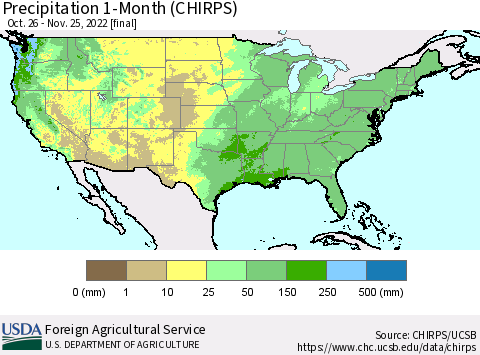 United States Precipitation 1-Month (CHIRPS) Thematic Map For 10/26/2022 - 11/25/2022