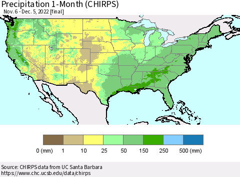 United States Precipitation 1-Month (CHIRPS) Thematic Map For 11/6/2022 - 12/5/2022