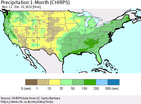 United States Precipitation 1-Month (CHIRPS) Thematic Map For 11/11/2022 - 12/10/2022