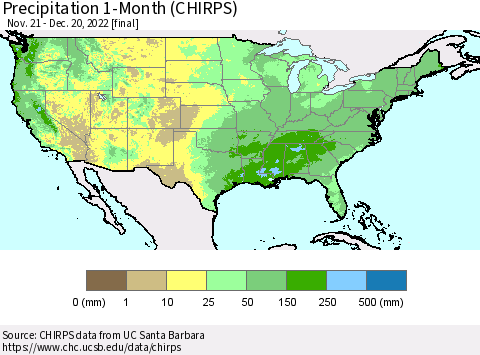 United States Precipitation 1-Month (CHIRPS) Thematic Map For 11/21/2022 - 12/20/2022