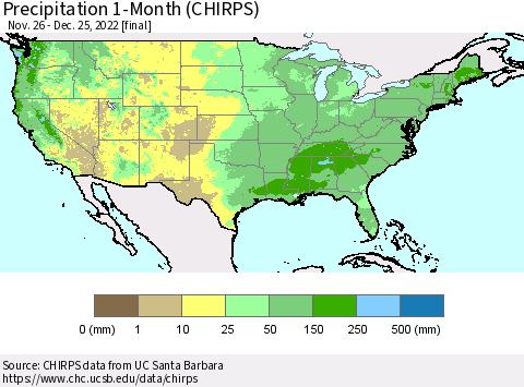 United States Precipitation 1-Month (CHIRPS) Thematic Map For 11/26/2022 - 12/25/2022