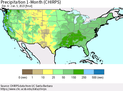 United States Precipitation 1-Month (CHIRPS) Thematic Map For 12/6/2022 - 1/5/2023