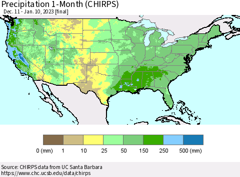 United States Precipitation 1-Month (CHIRPS) Thematic Map For 12/11/2022 - 1/10/2023