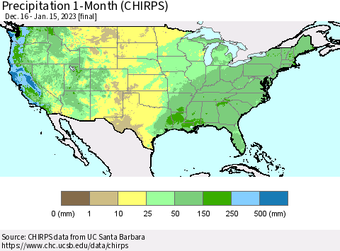 United States Precipitation 1-Month (CHIRPS) Thematic Map For 12/16/2022 - 1/15/2023