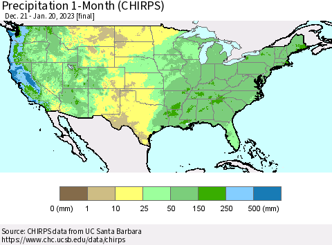 United States Precipitation 1-Month (CHIRPS) Thematic Map For 12/21/2022 - 1/20/2023