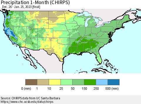 United States Precipitation 1-Month (CHIRPS) Thematic Map For 12/26/2022 - 1/25/2023