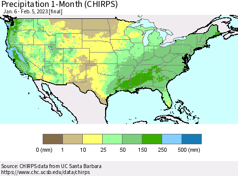 United States Precipitation 1-Month (CHIRPS) Thematic Map For 1/6/2023 - 2/5/2023