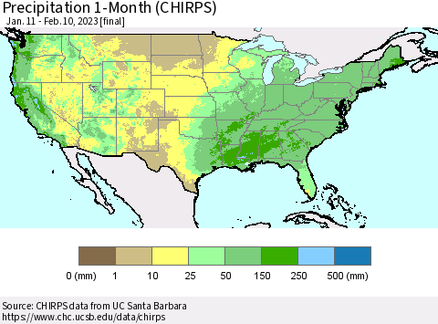 United States Precipitation 1-Month (CHIRPS) Thematic Map For 1/11/2023 - 2/10/2023