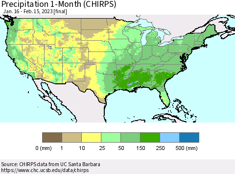 United States Precipitation 1-Month (CHIRPS) Thematic Map For 1/16/2023 - 2/15/2023