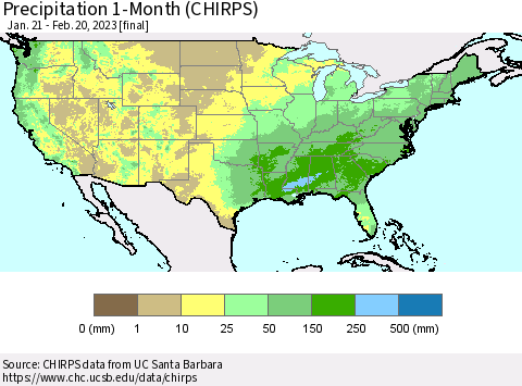 United States Precipitation 1-Month (CHIRPS) Thematic Map For 1/21/2023 - 2/20/2023