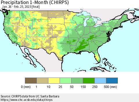 United States Precipitation 1-Month (CHIRPS) Thematic Map For 1/26/2023 - 2/25/2023