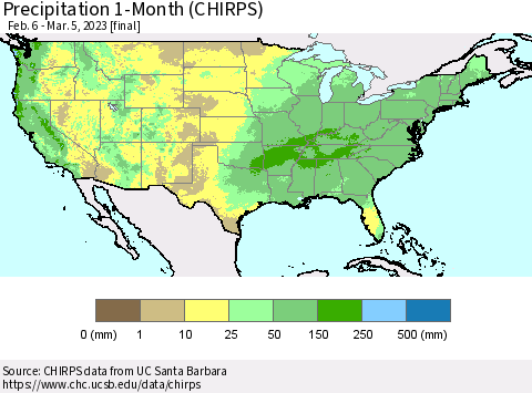 United States Precipitation 1-Month (CHIRPS) Thematic Map For 2/6/2023 - 3/5/2023
