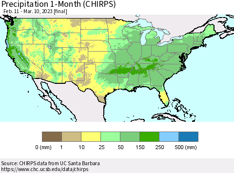 United States Precipitation 1-Month (CHIRPS) Thematic Map For 2/11/2023 - 3/10/2023
