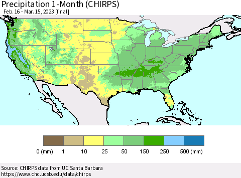 United States Precipitation 1-Month (CHIRPS) Thematic Map For 2/16/2023 - 3/15/2023