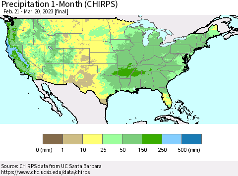United States Precipitation 1-Month (CHIRPS) Thematic Map For 2/21/2023 - 3/20/2023