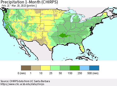 United States Precipitation 1-Month (CHIRPS) Thematic Map For 2/21/2023 - 3/20/2023