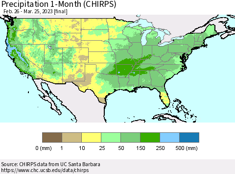 United States Precipitation 1-Month (CHIRPS) Thematic Map For 2/26/2023 - 3/25/2023