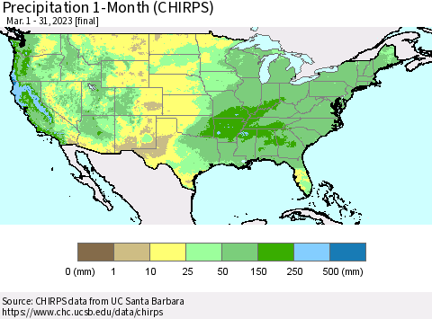 United States Precipitation 1-Month (CHIRPS) Thematic Map For 3/1/2023 - 3/31/2023