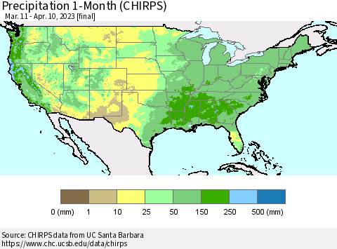 United States Precipitation 1-Month (CHIRPS) Thematic Map For 3/11/2023 - 4/10/2023