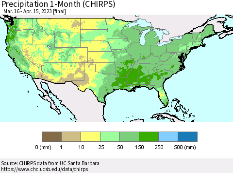 United States Precipitation 1-Month (CHIRPS) Thematic Map For 3/16/2023 - 4/15/2023