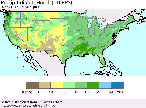 United States Precipitation 1-Month (CHIRPS) Thematic Map For 3/21/2023 - 4/20/2023